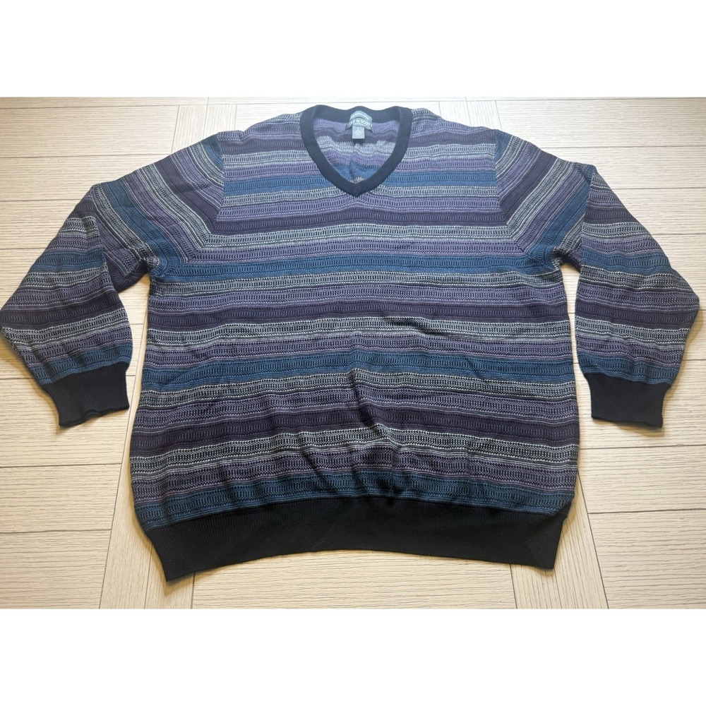 Lyle & Scott Scotland 100% Combed Cotton V-Neck Long Sleeve Striped Sweater Sz L
